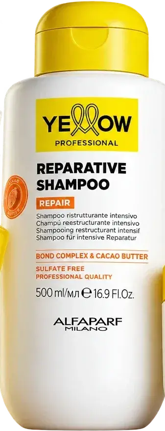 Frasco blanco con tapa amarilla de Yellow Repair, shampoo reparador de 500 ml