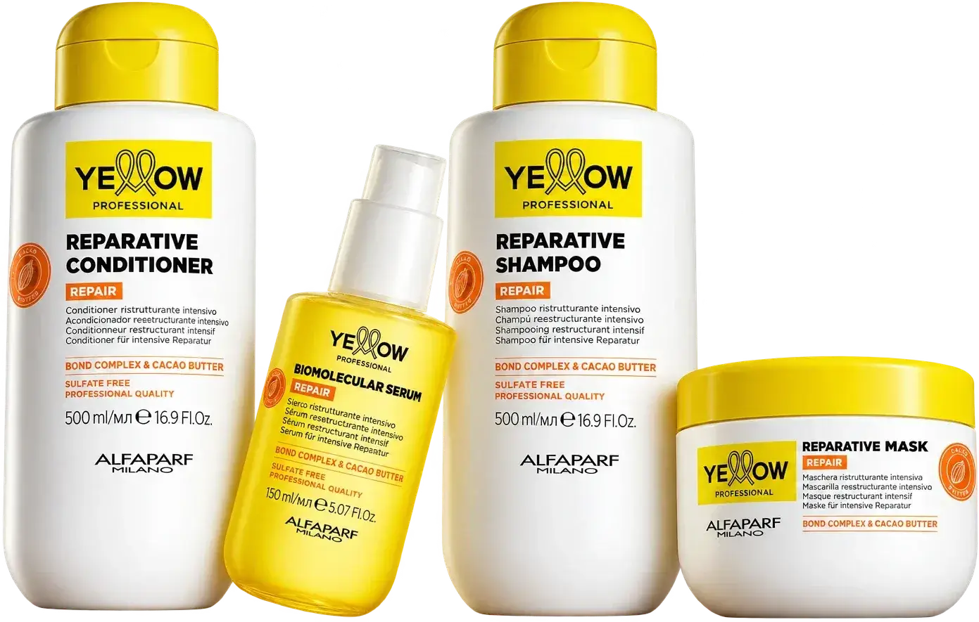 Línea Yellow Repair: acondicionador, sérum, shampoo y máscara