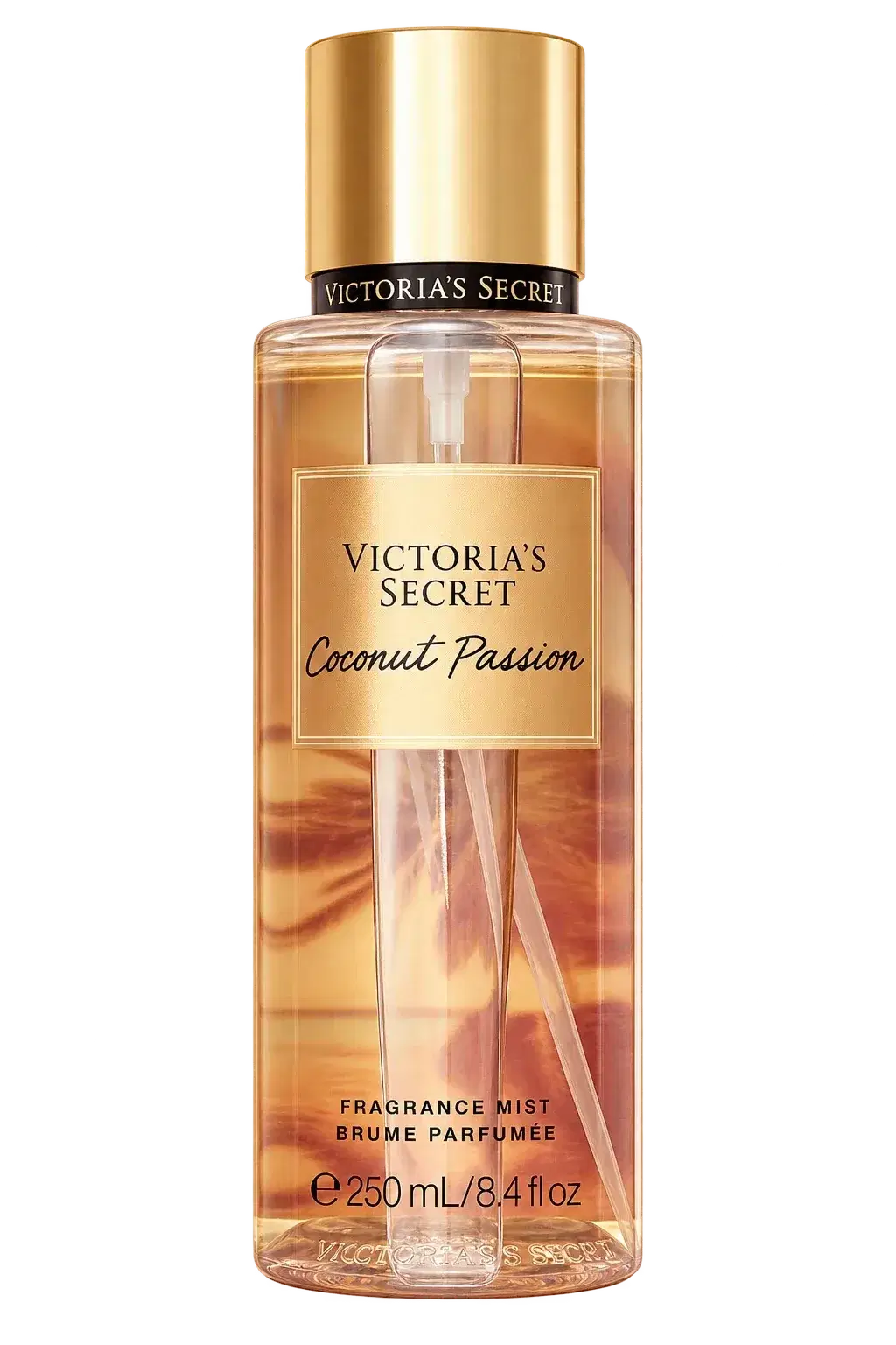 Frasco de Victoria's Secret Coconut Passion Fragrance Mist de 250 ml, con tapa dorada